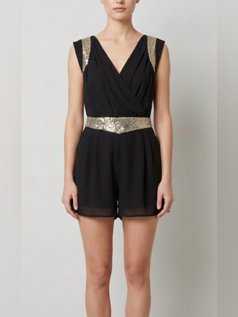 San Joy Black Studio 54 Disco Romper with Gold Sequin Accents Size Large